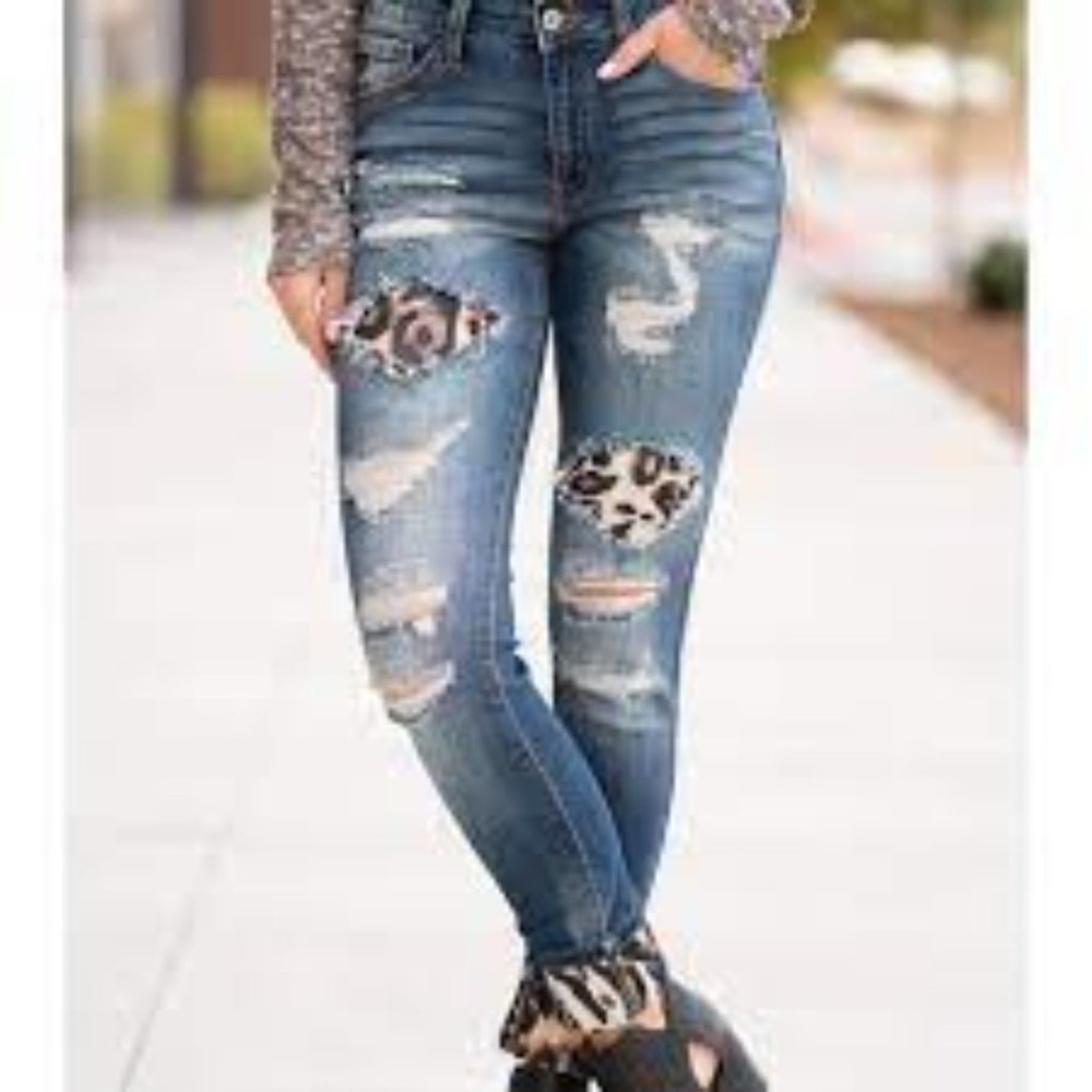 Kancan Mason Mid Rise Leopard Patch Skinny KC8191D Jeans Blue Size 9/28